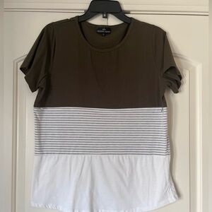 Nursing Queen Two-Tone Stripe Nursing Top - Olive & White